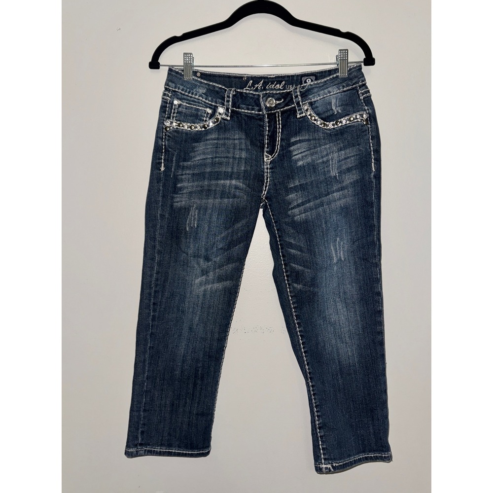 LA Idol USA Womens Embellished Capri Jeans Dark Wash Rhinestone Size 9 Y2K